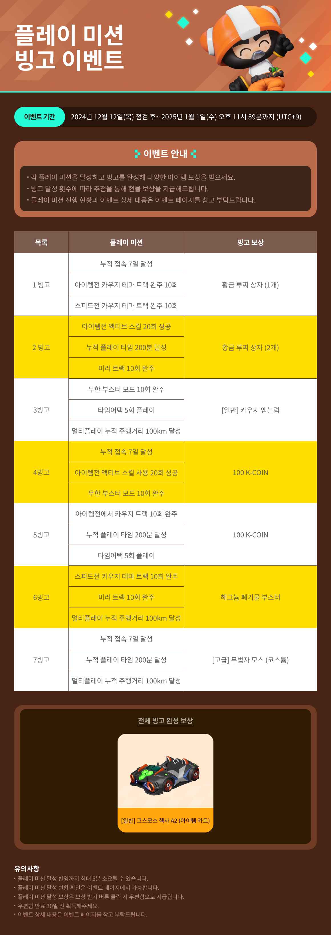12/12(목) 플레이 미션 빙고 이벤트 안내/기간:2024-12-12~2025-1-1 / 내용요약: 카우지 테마 업데이트 이벤트 안내